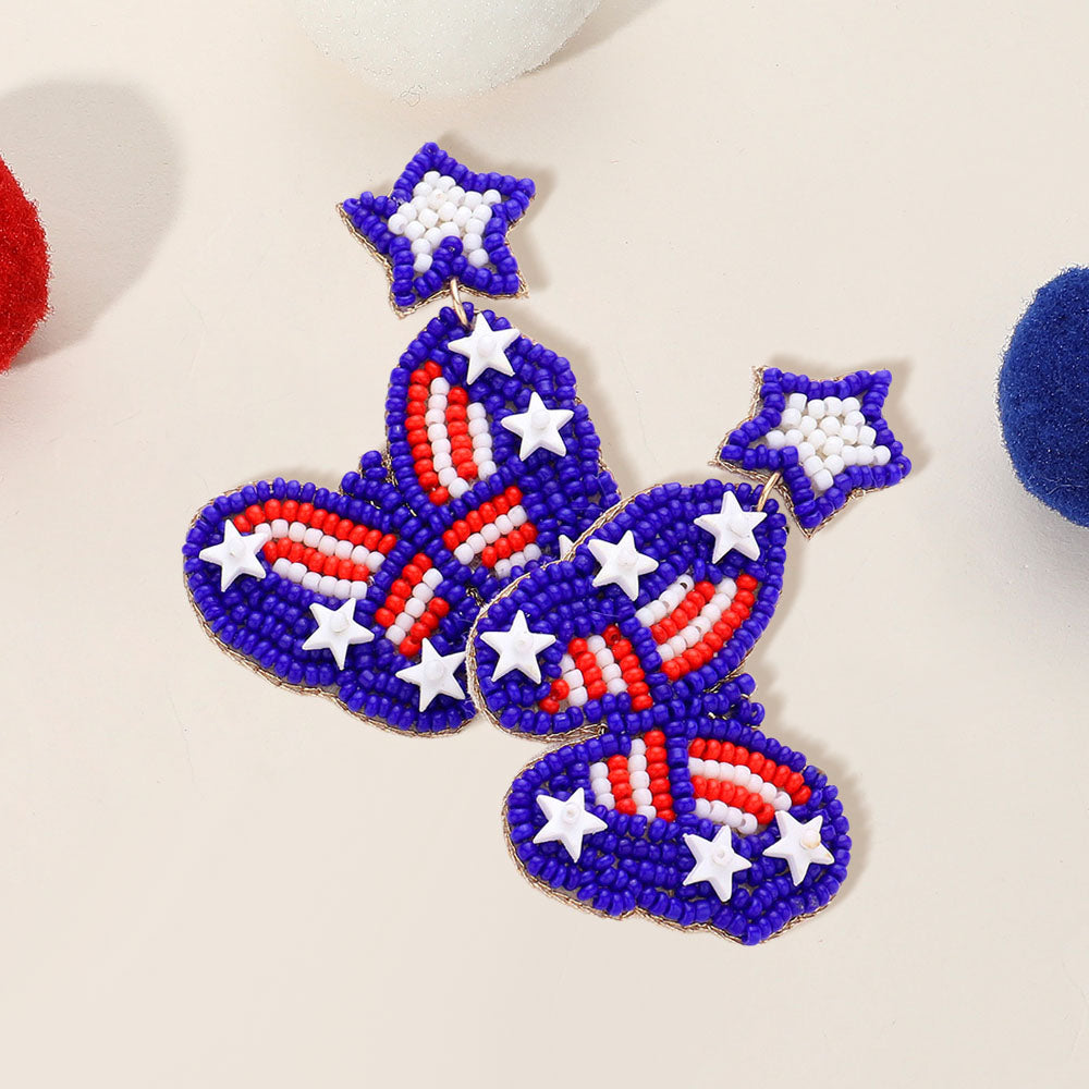 Madeline Love Blue, Red, White Felt Back American USA Flag Seed Beaded Star Butterfly Link Dangle Earrings