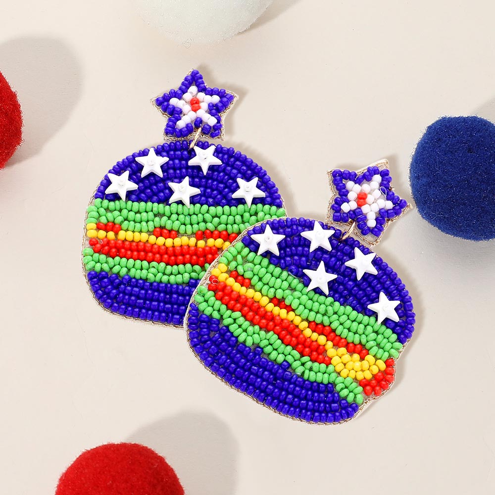 Madeline Love Blue, Red, White Felt Back American USA Flag Seed Beaded Star Hamburger Link Dangle Earrings