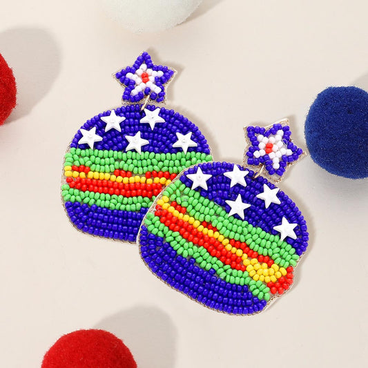 Madeline Love Blue, Red, White Felt Back American USA Flag Seed Beaded Star Hamburger Link Dangle Earrings