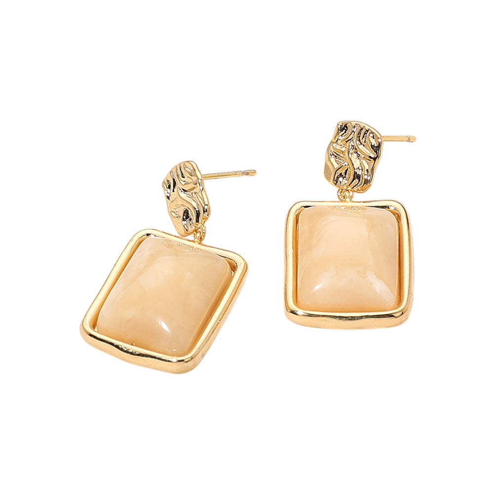 Madeline Love Beige, Gold Resin Square Dangle Earrings - desc