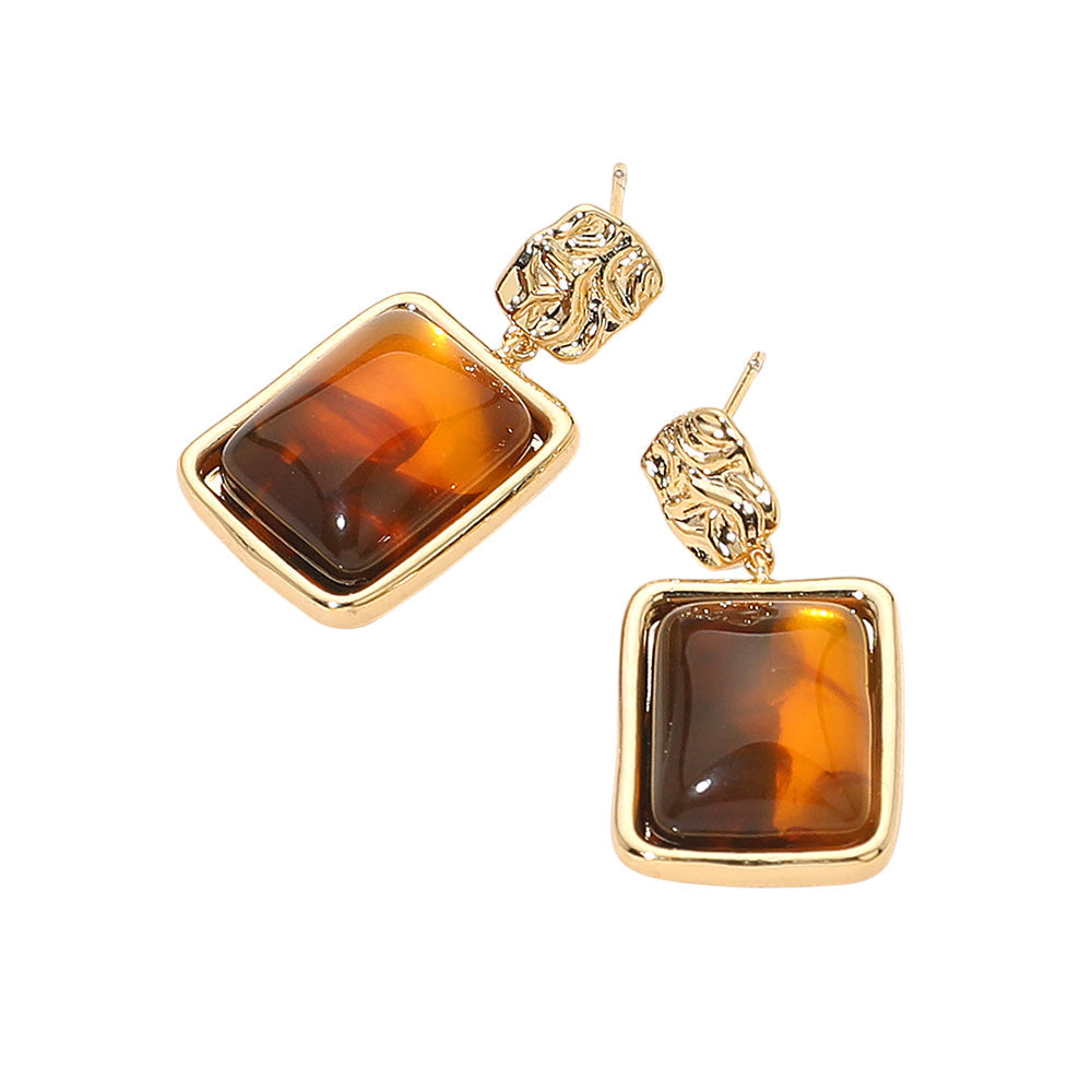 Madeline Love Gold, Tortoise Resin Square Dangle Earrings - desc