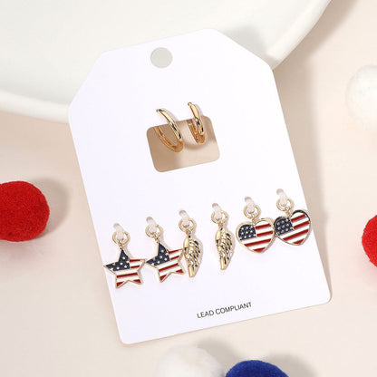 Madeline Love Gold, Multi 4Pairs - Enamel American USA Flag Star Heart Wing Interchangeable Charm Hoop Earrings