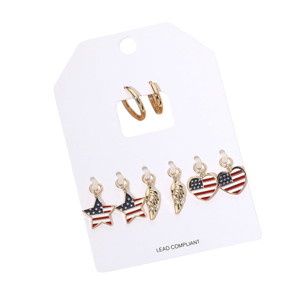 Madeline Love Gold, Multi 4Pairs - Enamel American USA Flag Star Heart Wing Interchangeable Charm Hoop Earrings - desc