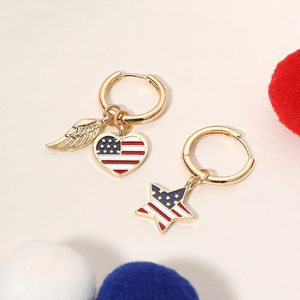 Madeline Love Gold, Multi 4Pairs - Enamel American USA Flag Star Heart Wing Interchangeable Charm Hoop Earrings - extra