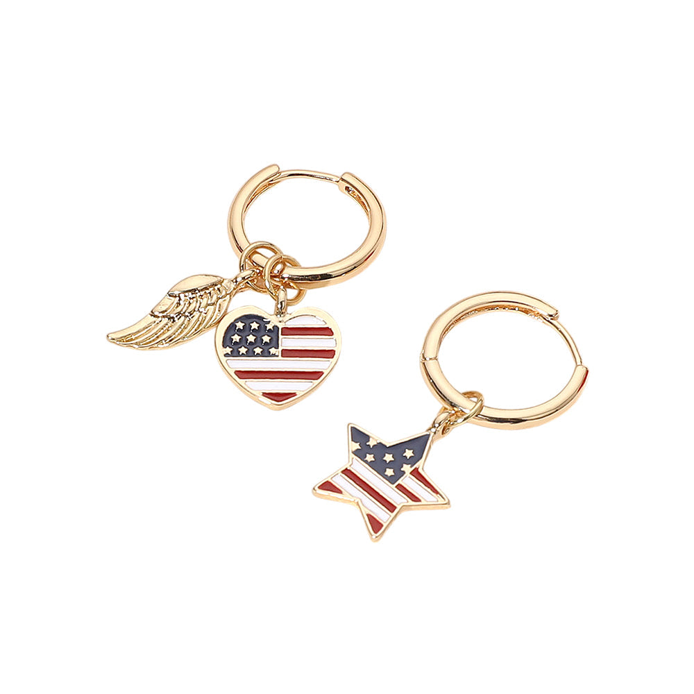 Madeline Love Gold, Multi 4Pairs - Enamel American USA Flag Star Heart Wing Interchangeable Charm Hoop Earrings - extra