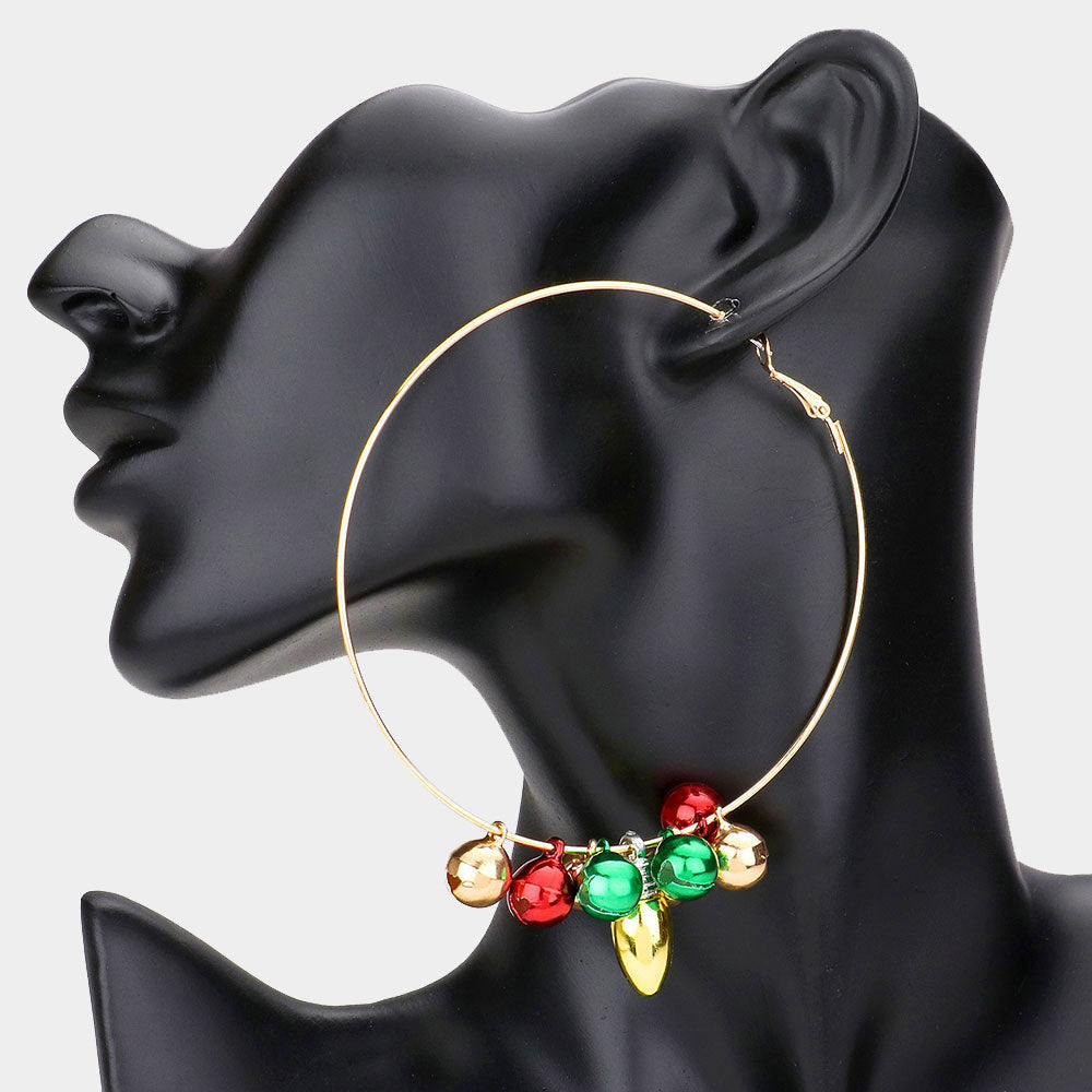 Gold Christmas Bell Bulb Charm Metal Hoop Earrings