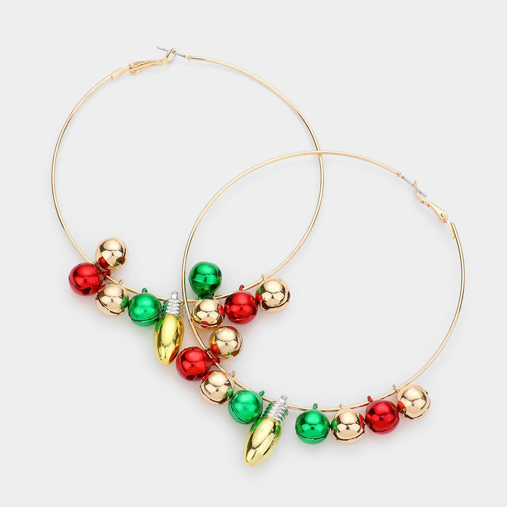 Gold Christmas Bell Bulb Charm Metal Hoop Earrings