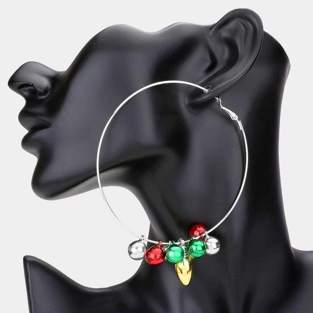 Rhodium Christmas Bell Bulb Charm Metal Hoop Earrings