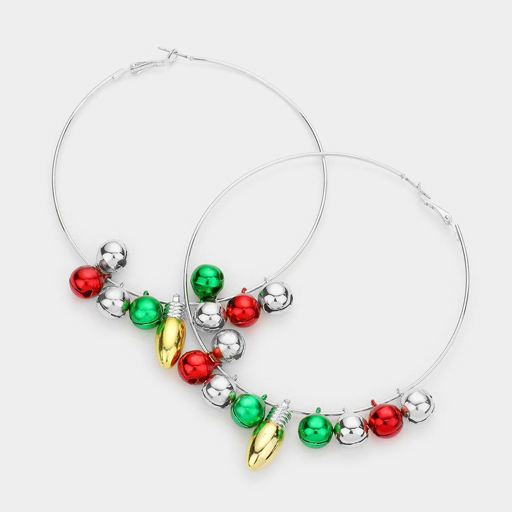 Rhodium Christmas Bell Bulb Charm Metal Hoop Earrings