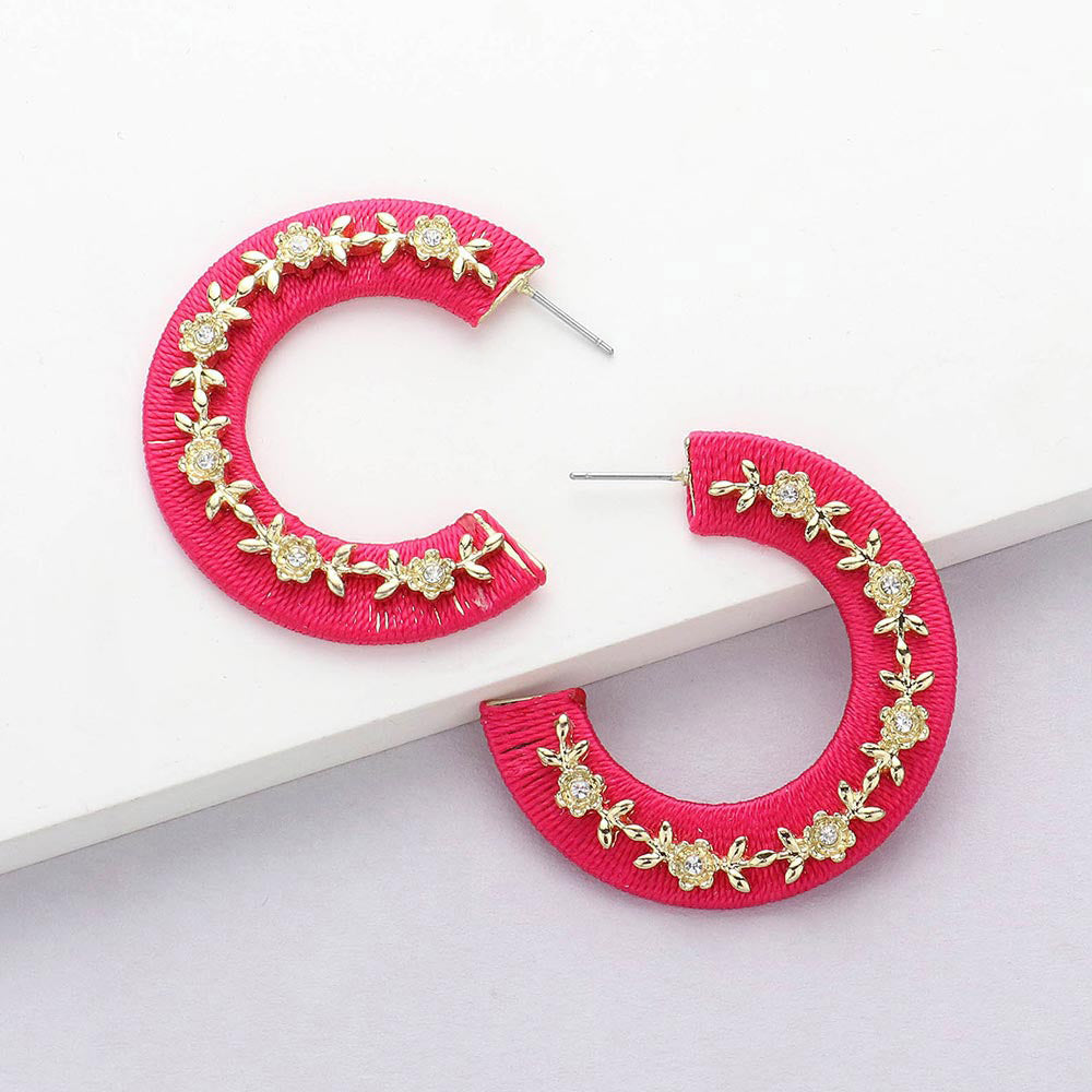 Madeline Love Fuchsia, Gold Thread Wrapped Rhinestone Flower Embellished Hoop Earrings