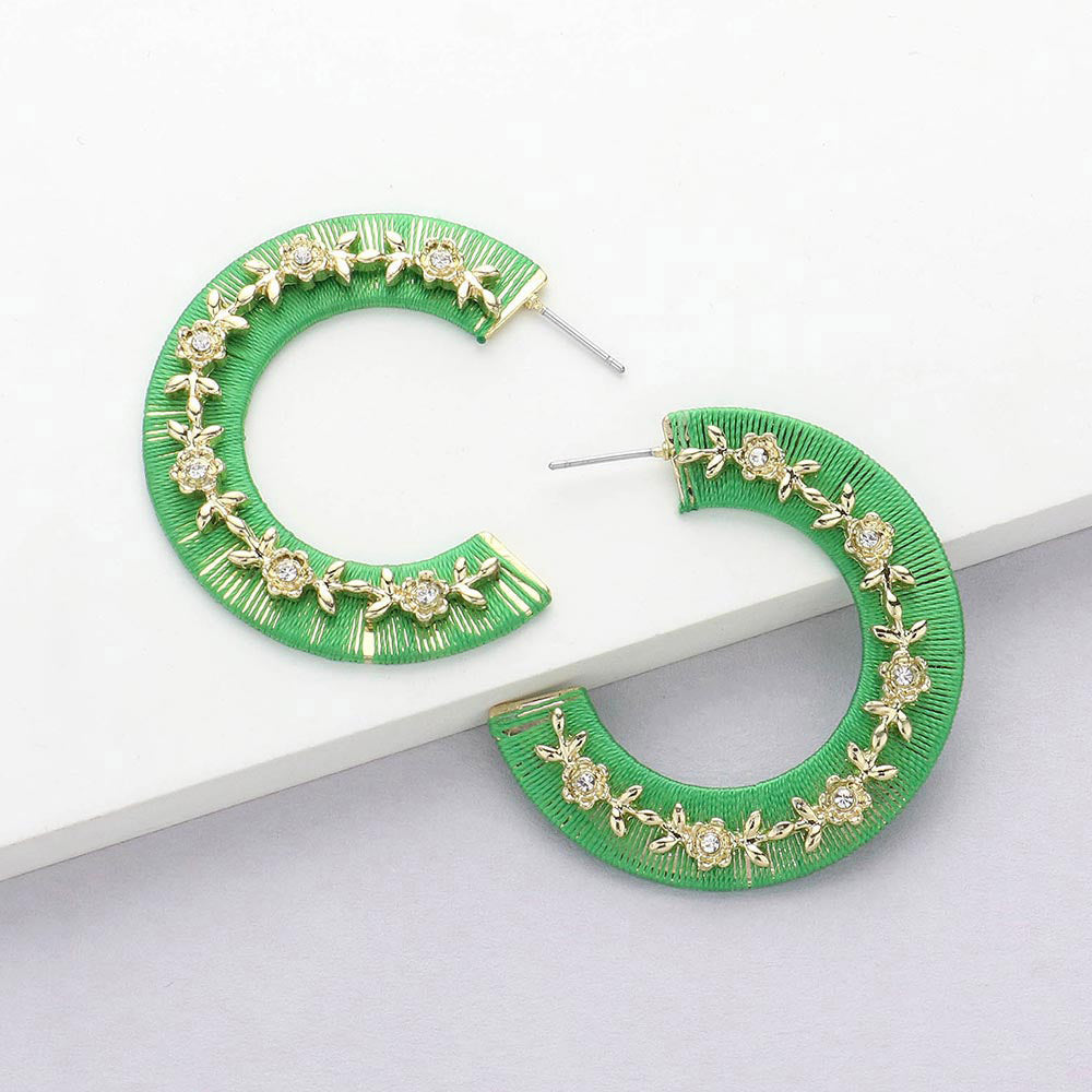 Madeline Love Gold, Green Thread Wrapped Rhinestone Flower Embellished Hoop Earrings