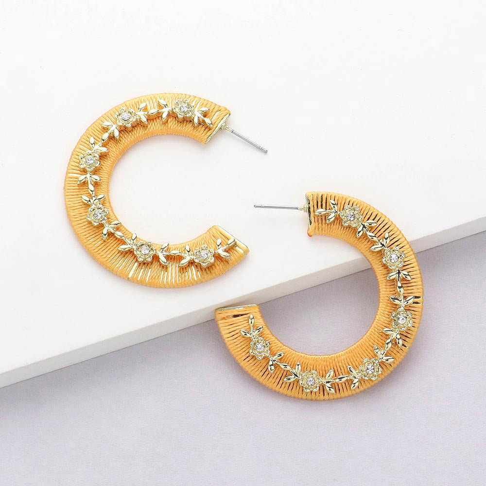 Madeline Love Gold, Mustard Thread Wrapped Rhinestone Flower Embellished Hoop Earrings