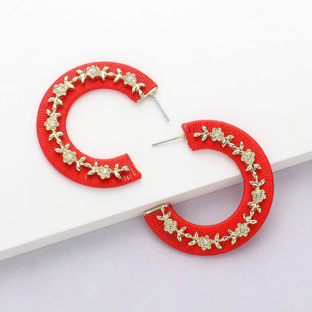 Madeline Love Gold, Red Thread Wrapped Rhinestone Flower Embellished Hoop Earrings
