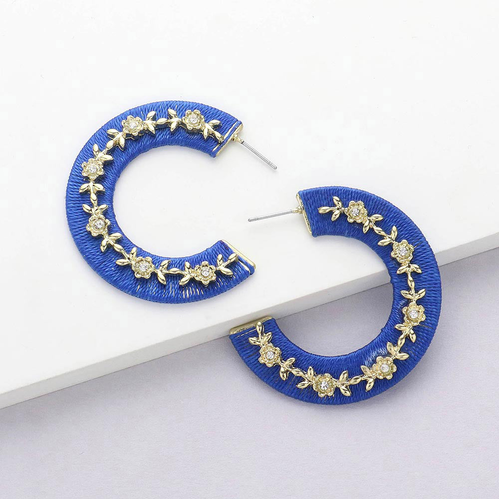 Madeline Love Gold, Sapphire Thread Wrapped Rhinestone Flower Embellished Hoop Earrings