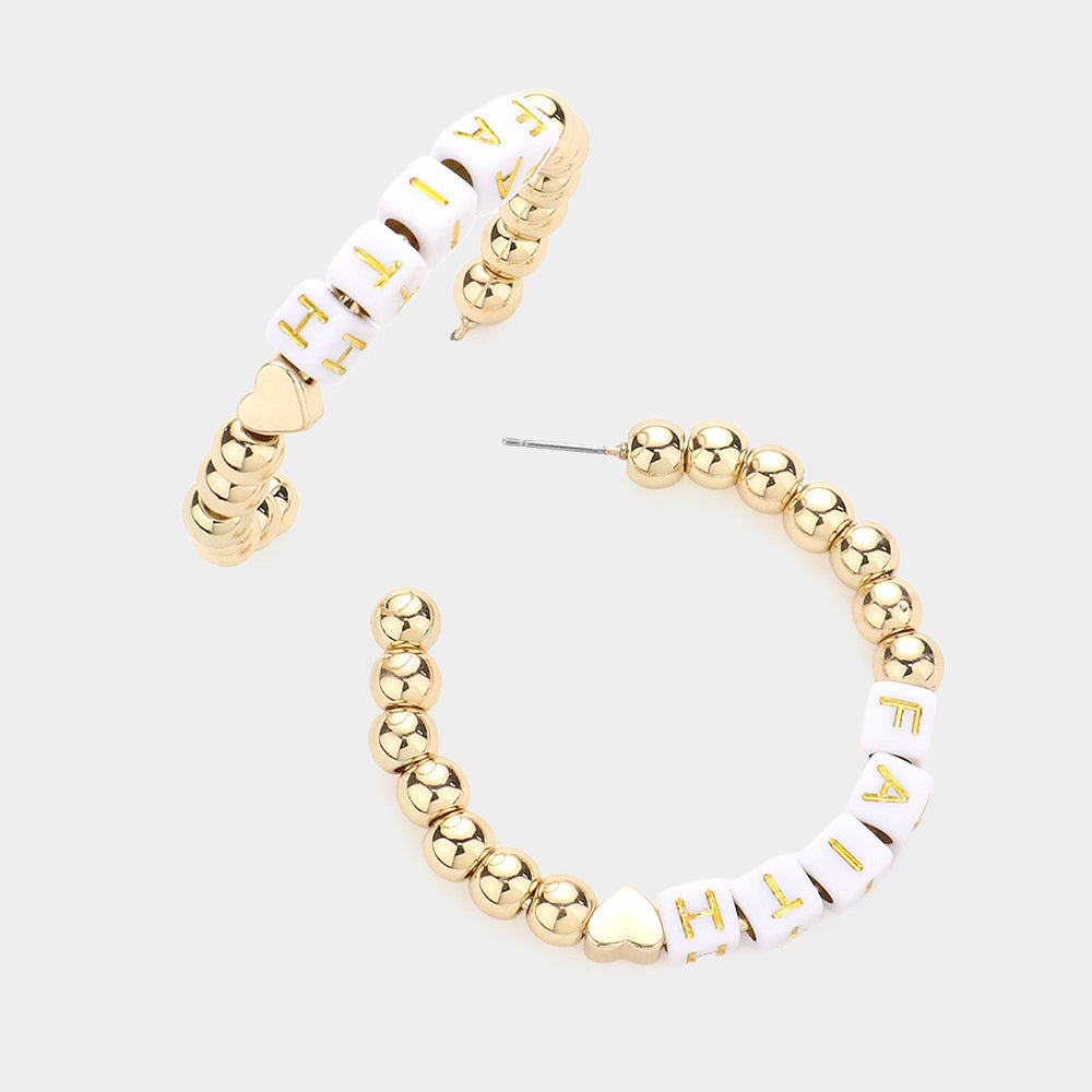 Madeline Love White FAITH Metal Ball Half Hoop Message Earrings