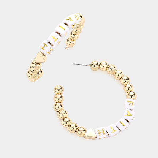 Madeline Love White FAITH Metal Ball Half Hoop Message Earrings