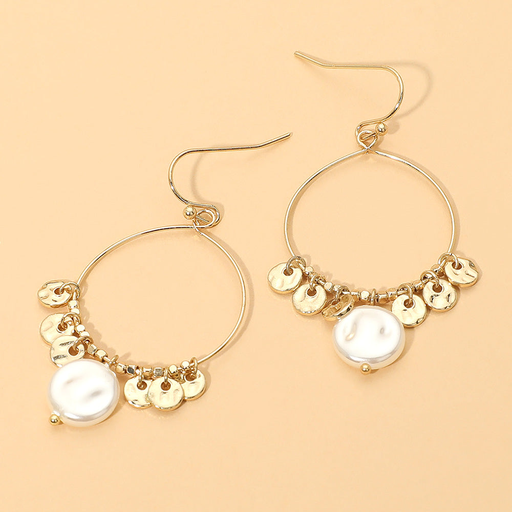 Madeline Love Cream, Gold Metal Disc Pearl Charm Drop Hoop Dangle Earrings