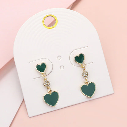 Enamel Heart Mini Shamballa Ball Link Dropdown Dangle Earrings - Gold Green - Earrings