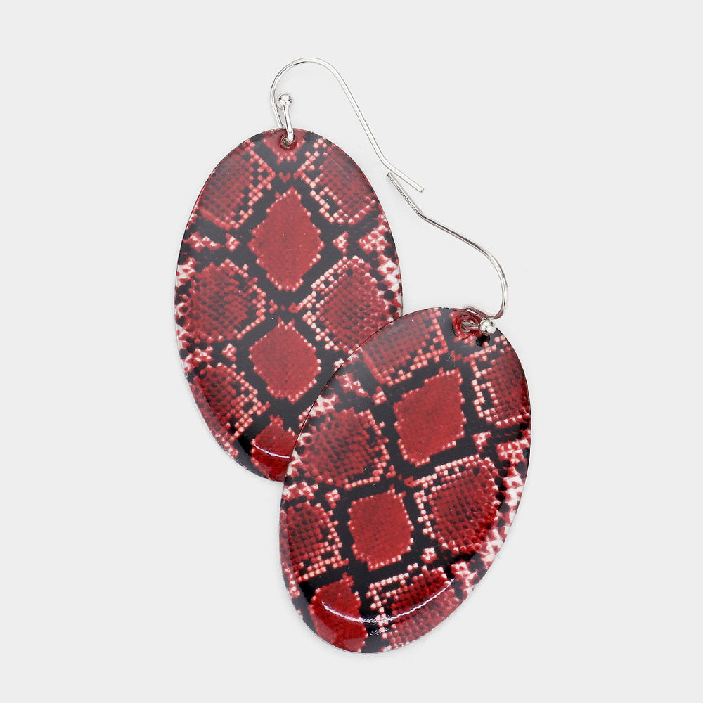 Madeline Love Red Snake Skin Patterned Metal Oval Dangle Earrings