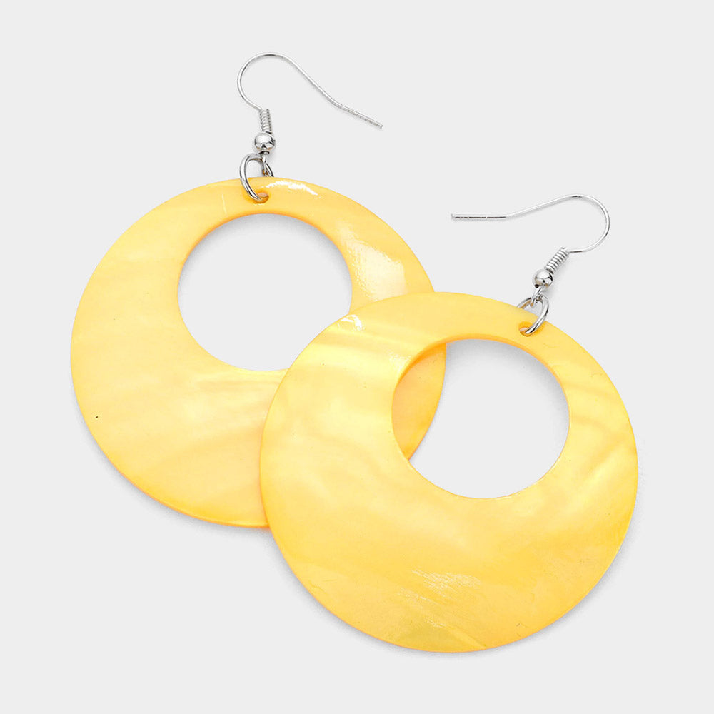 Silver, Yellow Round Shell Dangle Earrings