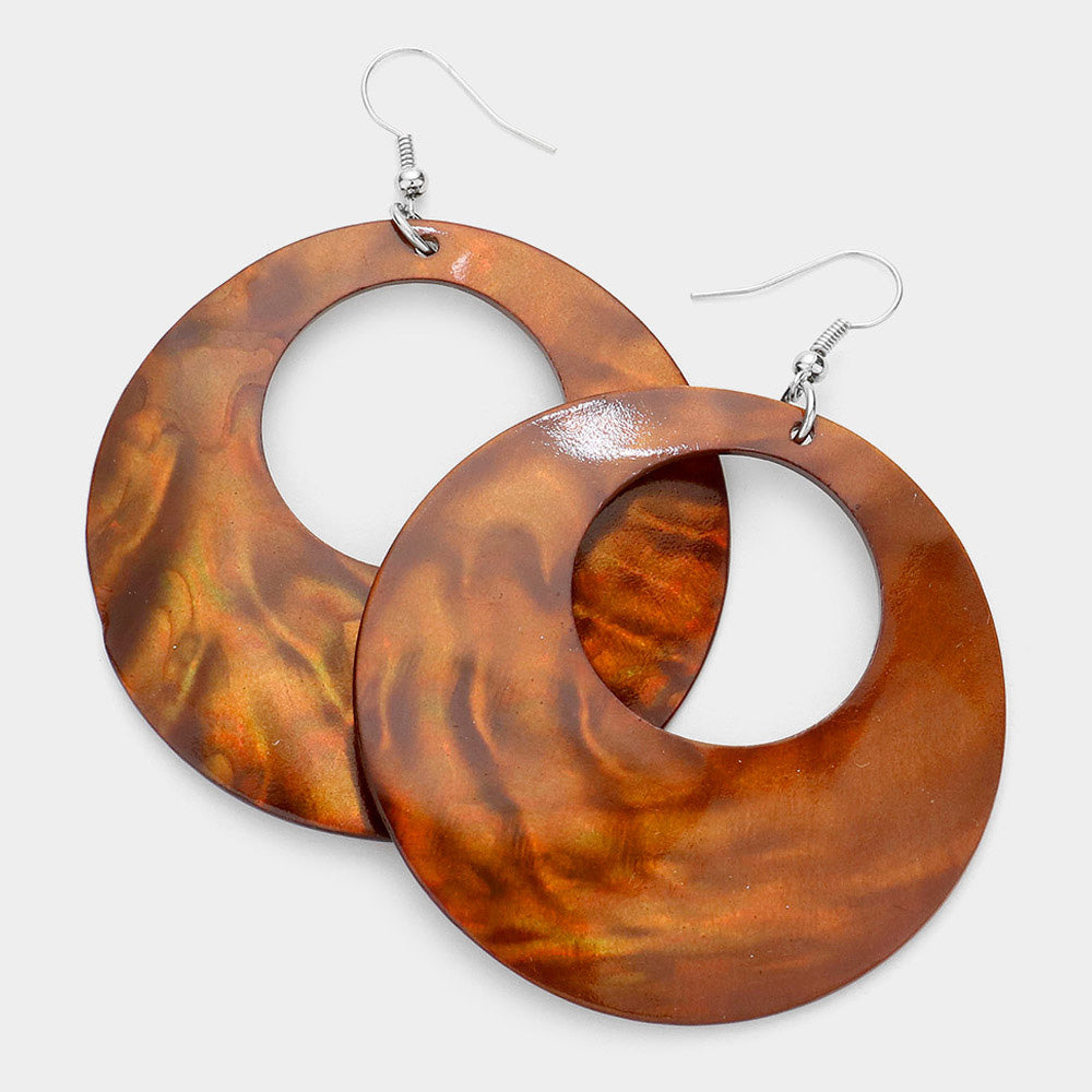 Brown, Silver Round Shell Dangle Earrings