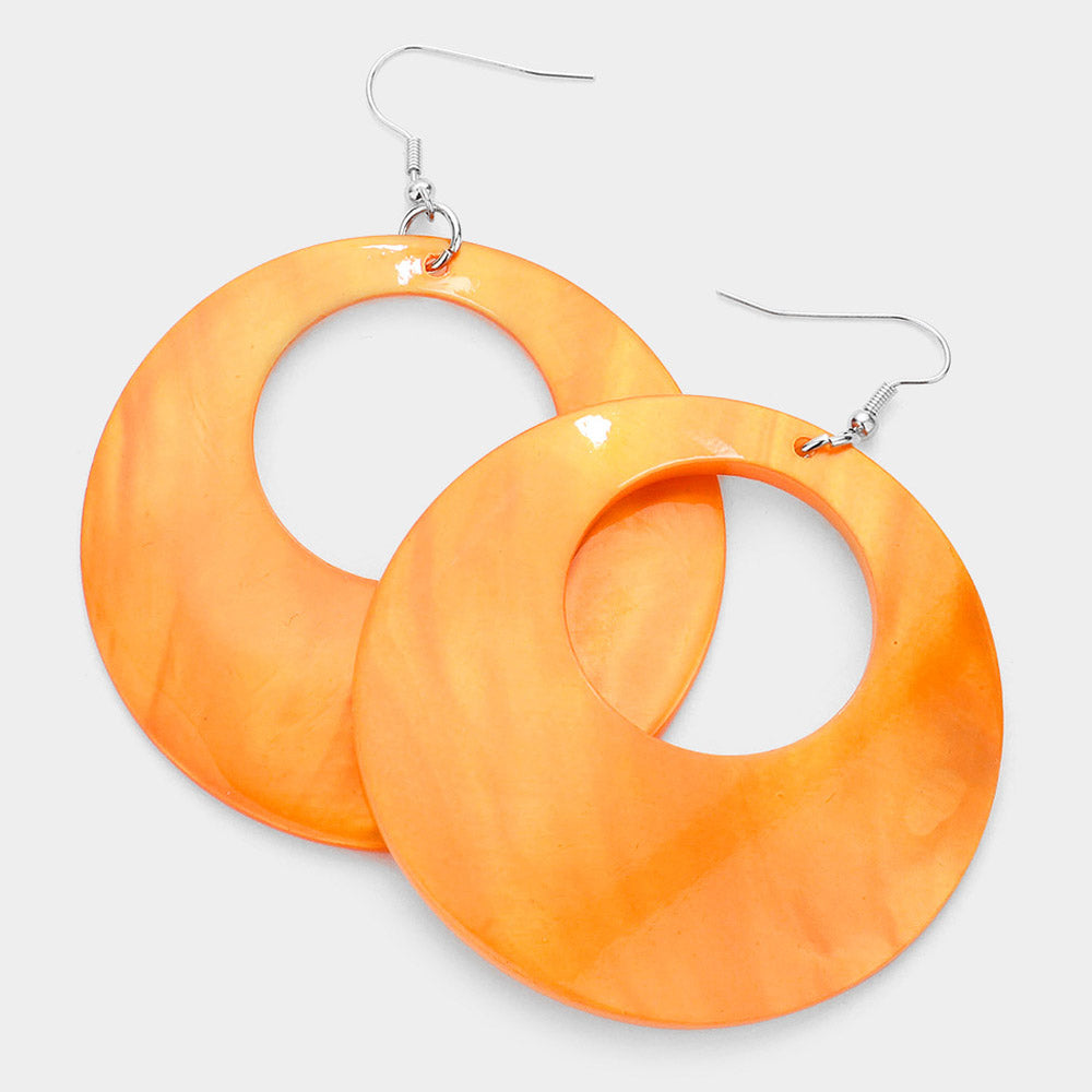Orange, Silver Round Shell Dangle Earrings