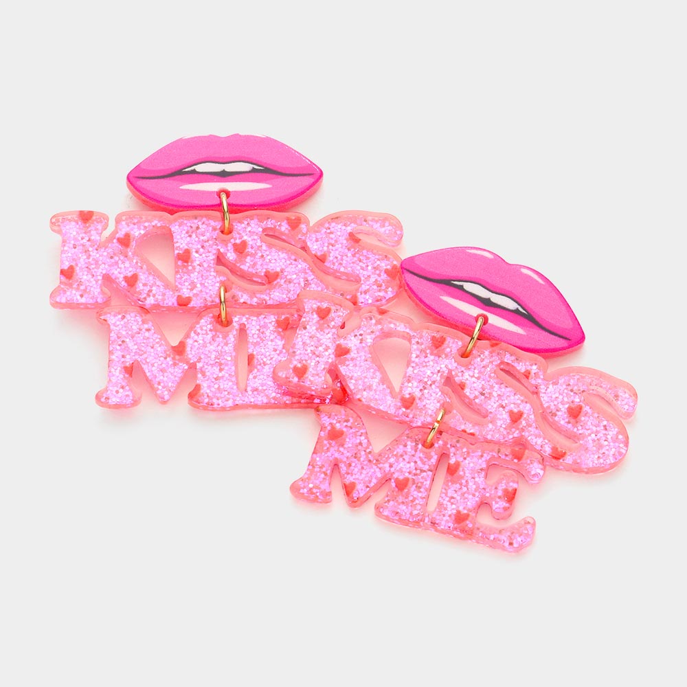 Madeline Love Pink Resin Lips Glittered KISS ME Message Link Dangle Earrings