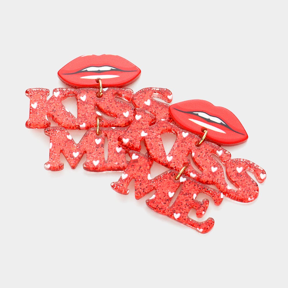 Madeline Love Red Resin Lips Glittered KISS ME Message Link Dangle Earrings