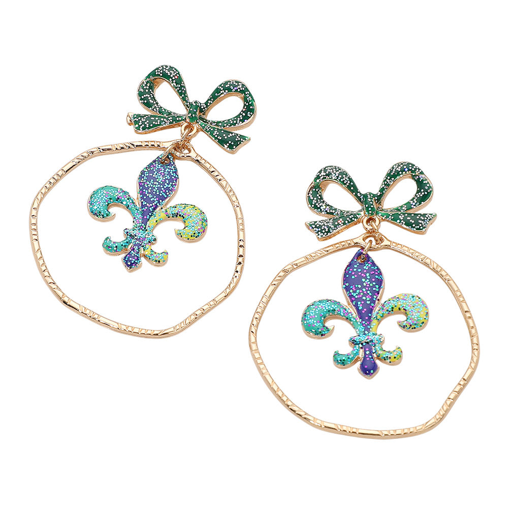Gold Decorative hoop drop earrings featuring a bow accent and fleur-de-lis charm for eye-catching movement and festive appeal. Designed to elevate party outfits, themed events, parades, and seasonal displays, these statement earrings add playful elegance and standout style to any jewelry collection.