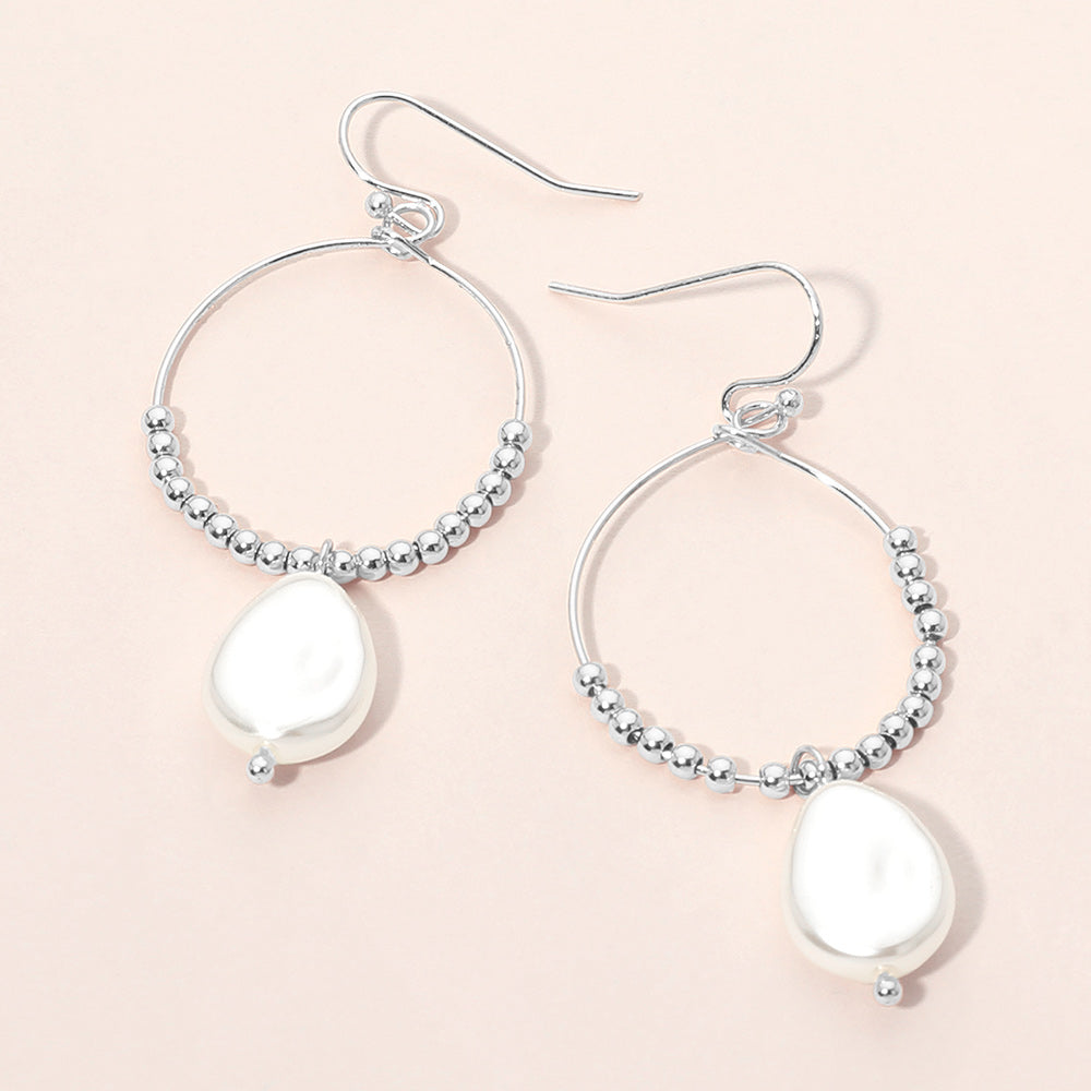 Madeline Love Cream, Rhodium Pearl Drop Beaded Circle Earrings
