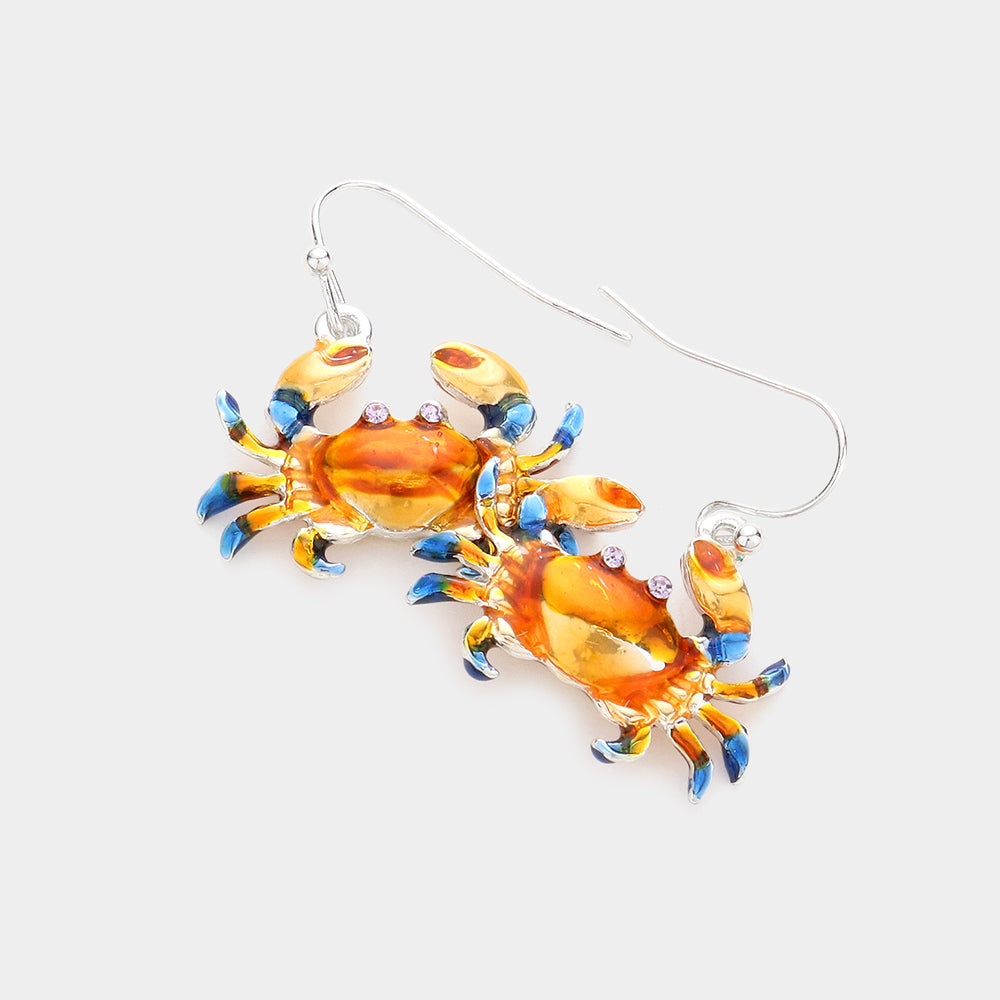 Madeline Love Orange Rhinestone Embellished Enamel Crab Dangle Earrings