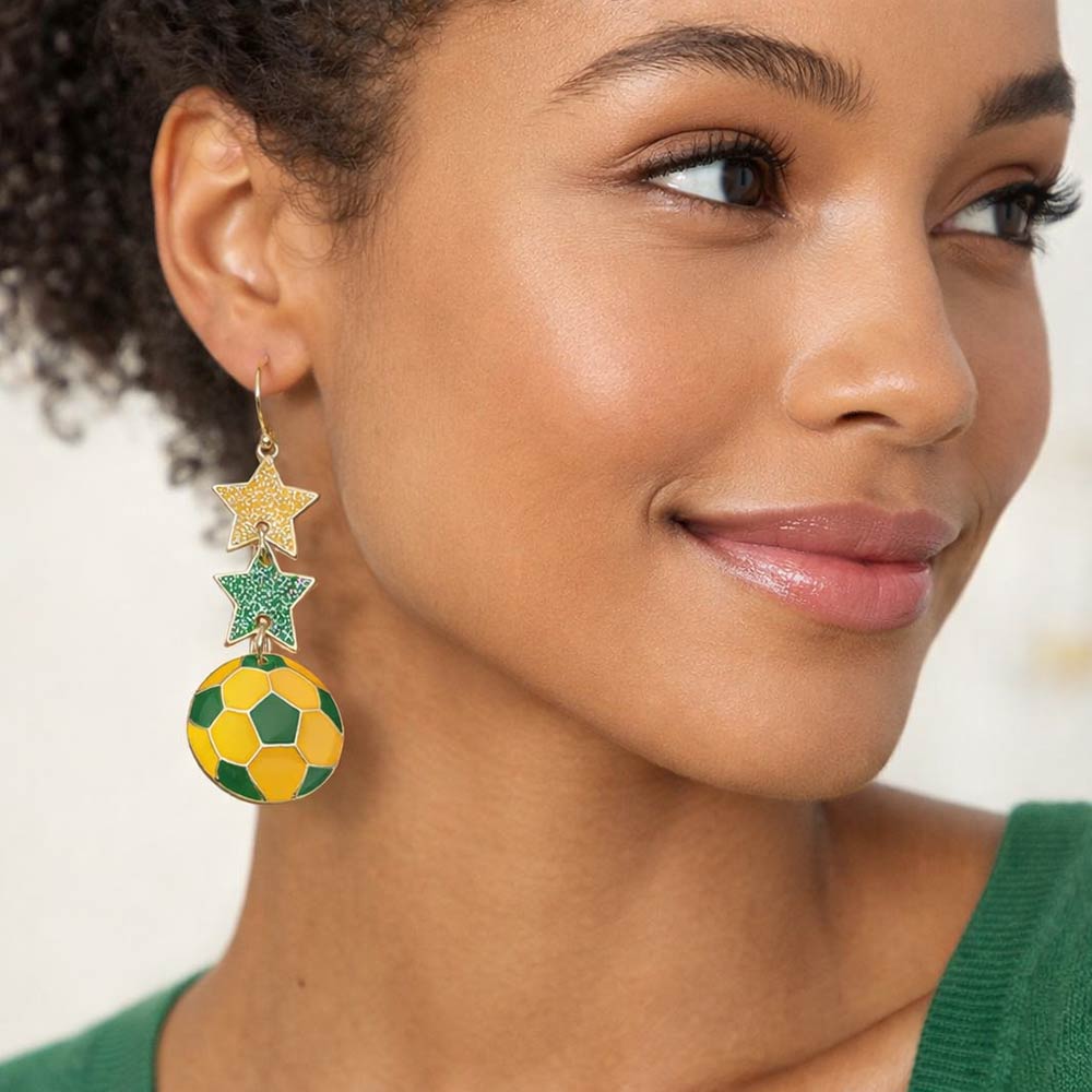 Madeline Love Green, Yellow Brazil Glittered Double Star Soccer Ball Drop Earrings