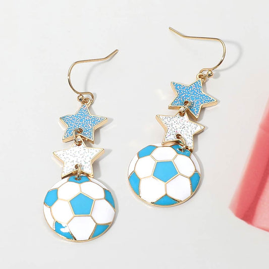 Madeline Love Blue, White Argentina Glittered Double Star Soccer Ball Drop Earrings