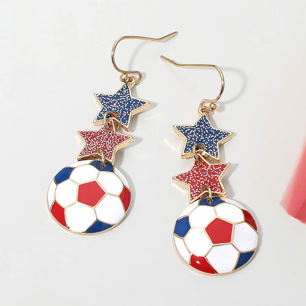 Madeline Love Blue, Red, White France Glittered Double Star Soccer Ball Drop Earrings