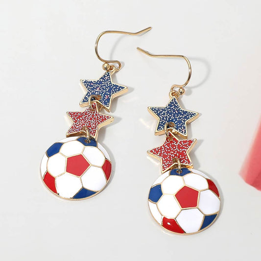 Madeline Love Blue, Red, White France Glittered Double Star Soccer Ball Drop Earrings
