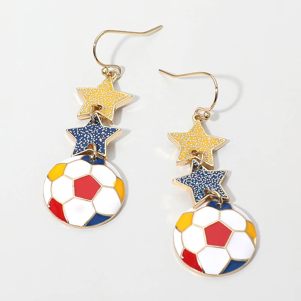 Madeline Love Blue, Red, Yellow Colombia Glittered Double Star Soccer Ball Drop Earrings