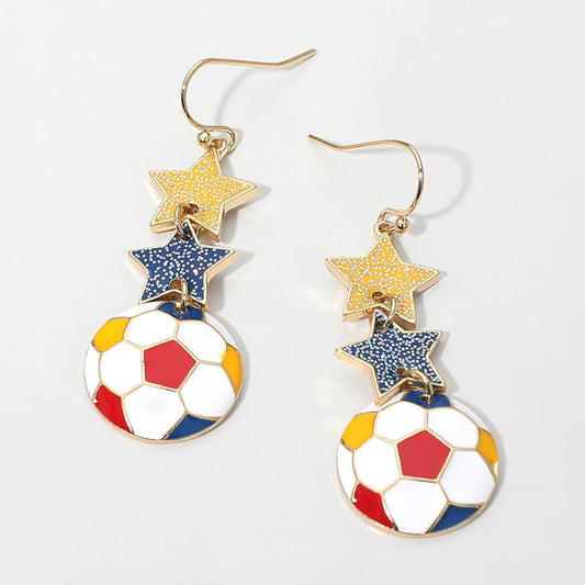 Madeline Love Blue, Red, Yellow Colombia Glittered Double Star Soccer Ball Drop Earrings