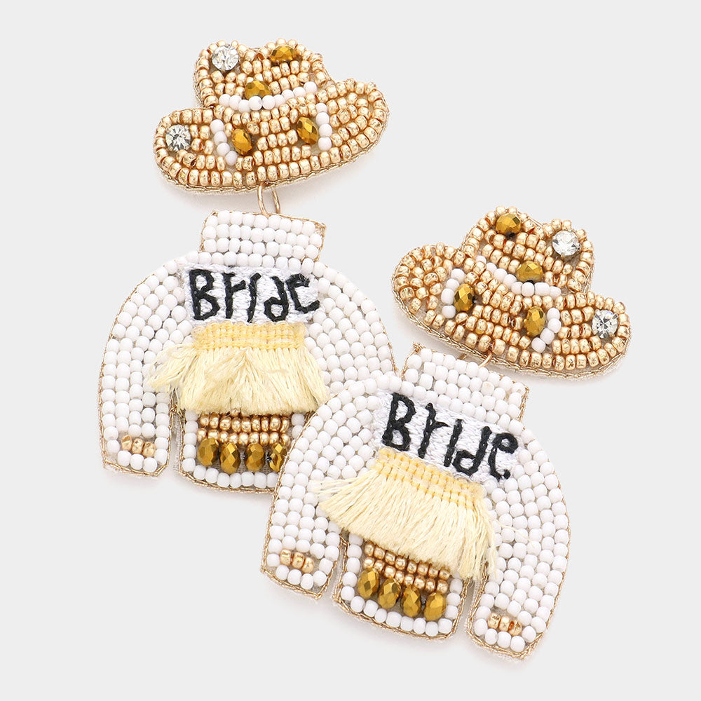 Madeline Love Gold Bride Message Felt Back Tassel Beaded Hat Clothes Dangle Earrings