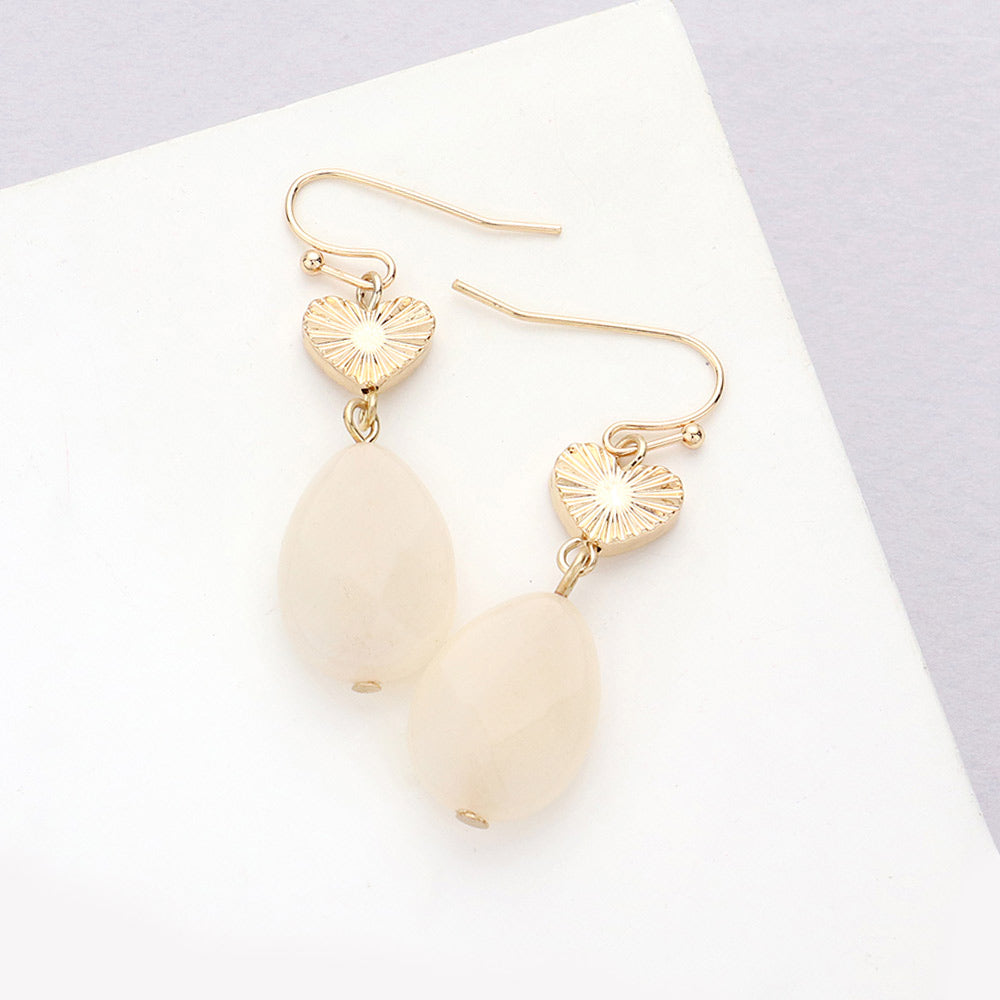 Madeline Love Cream Metal Heart Teardrop Natural Stone Link Dangle Earrings