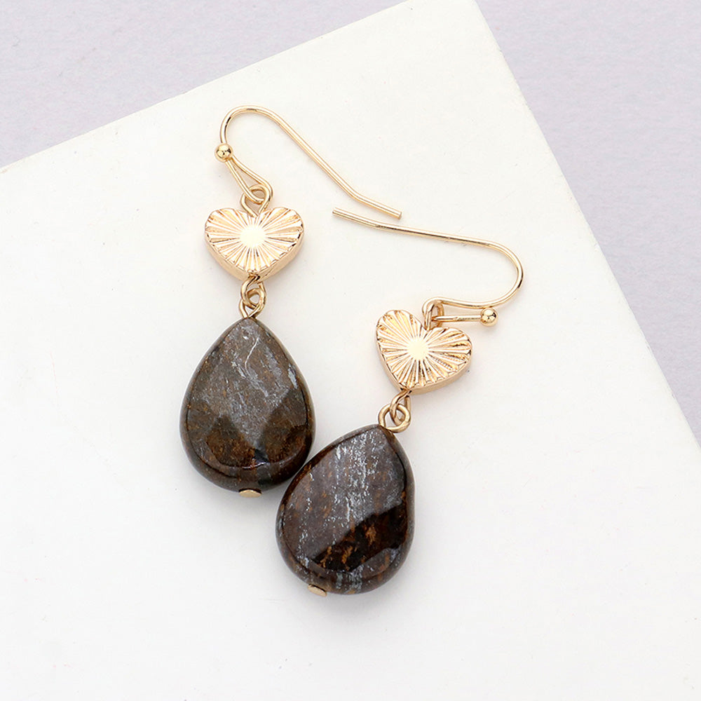 Madeline Love Bronze Metal Heart Teardrop Natural Stone Link Dangle Earrings
