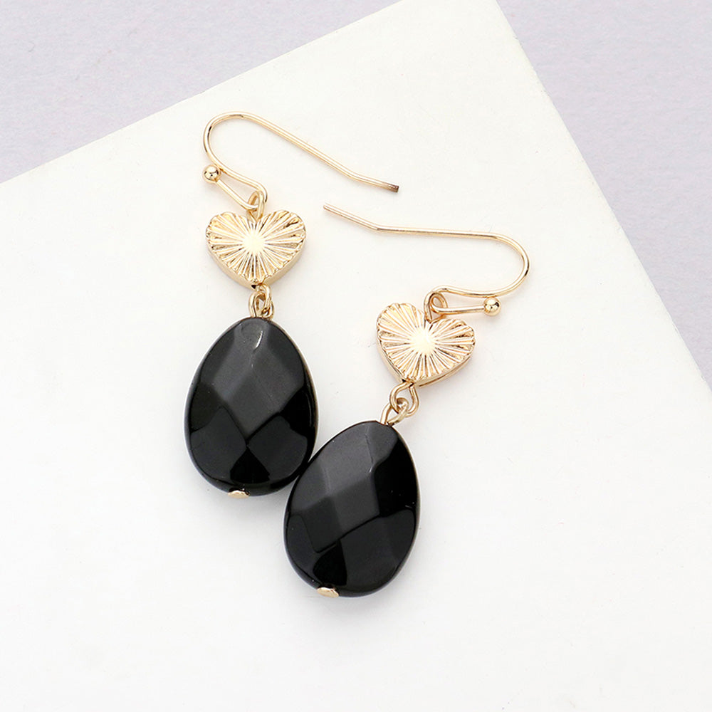 Madeline Love Jet Black Metal Heart Teardrop Natural Stone Link Dangle Earrings