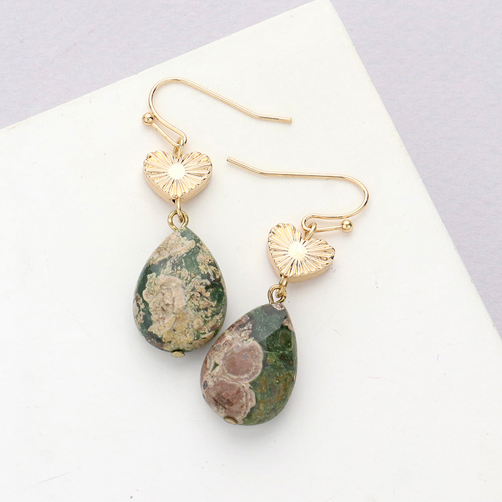 Madeline Love Beige, Green Metal Heart Teardrop Natural Stone Link Dangle Earrings
