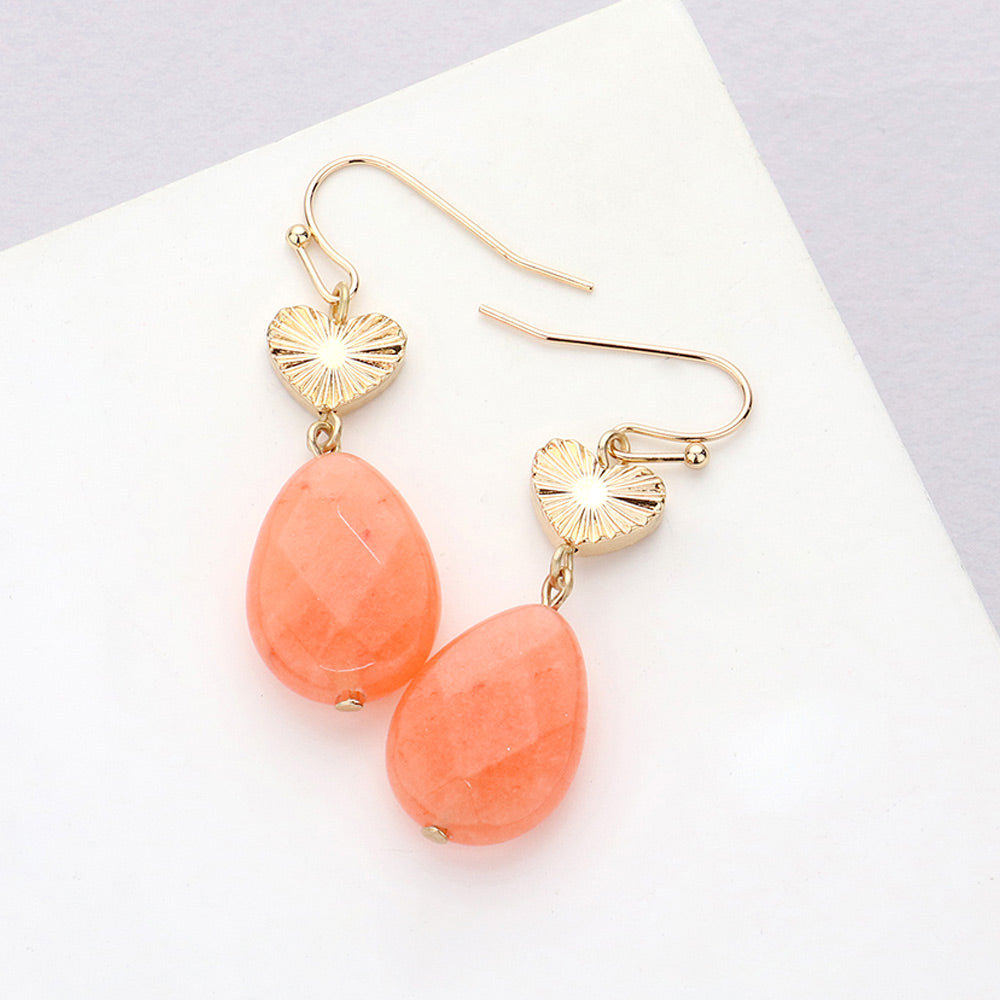 Madeline Love Peach Metal Heart Teardrop Natural Stone Link Dangle Earrings