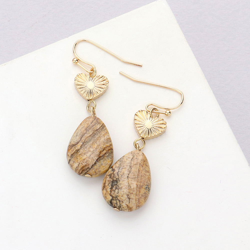 Madeline Love Brown Metal Heart Teardrop Natural Stone Link Dangle Earrings