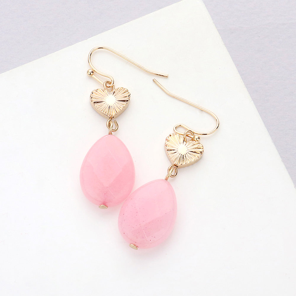 Madeline Love Pink Metal Heart Teardrop Natural Stone Link Dangle Earrings
