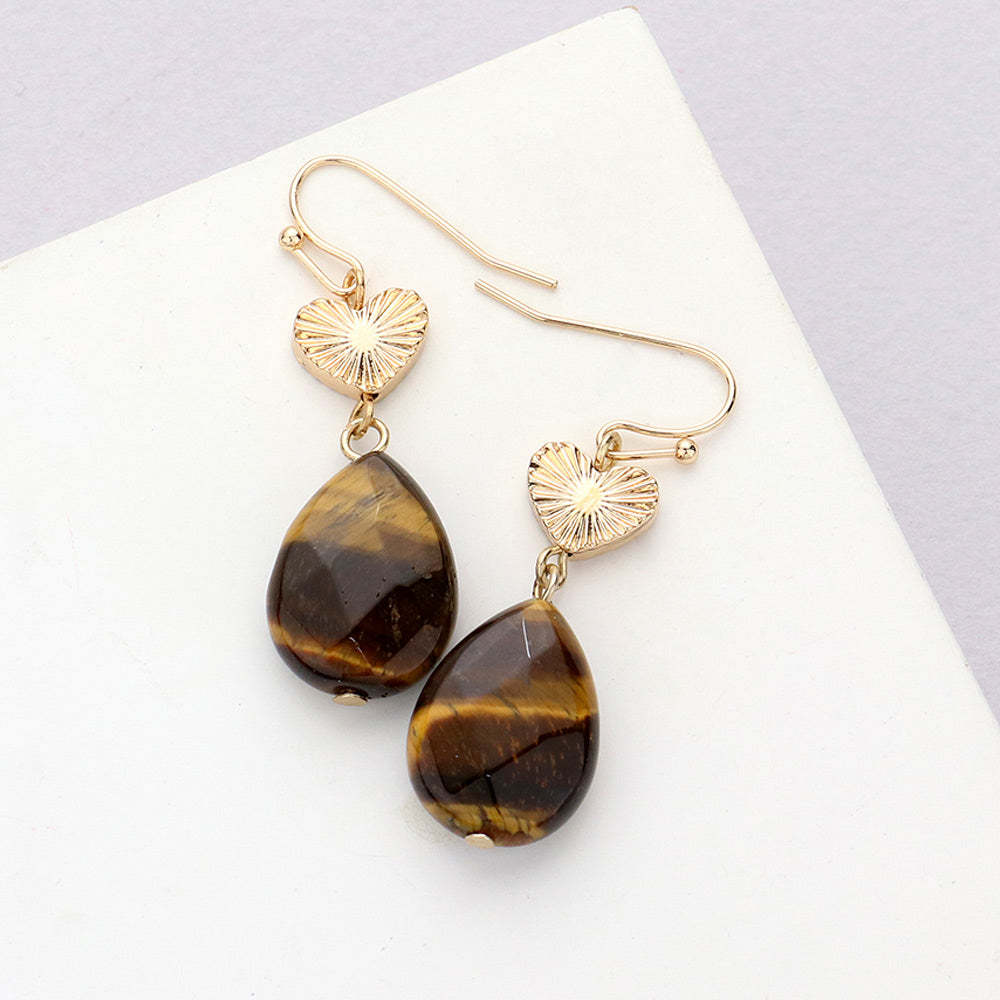 Madeline Love Dark Brown Metal Heart Teardrop Natural Stone Link Dangle Earrings