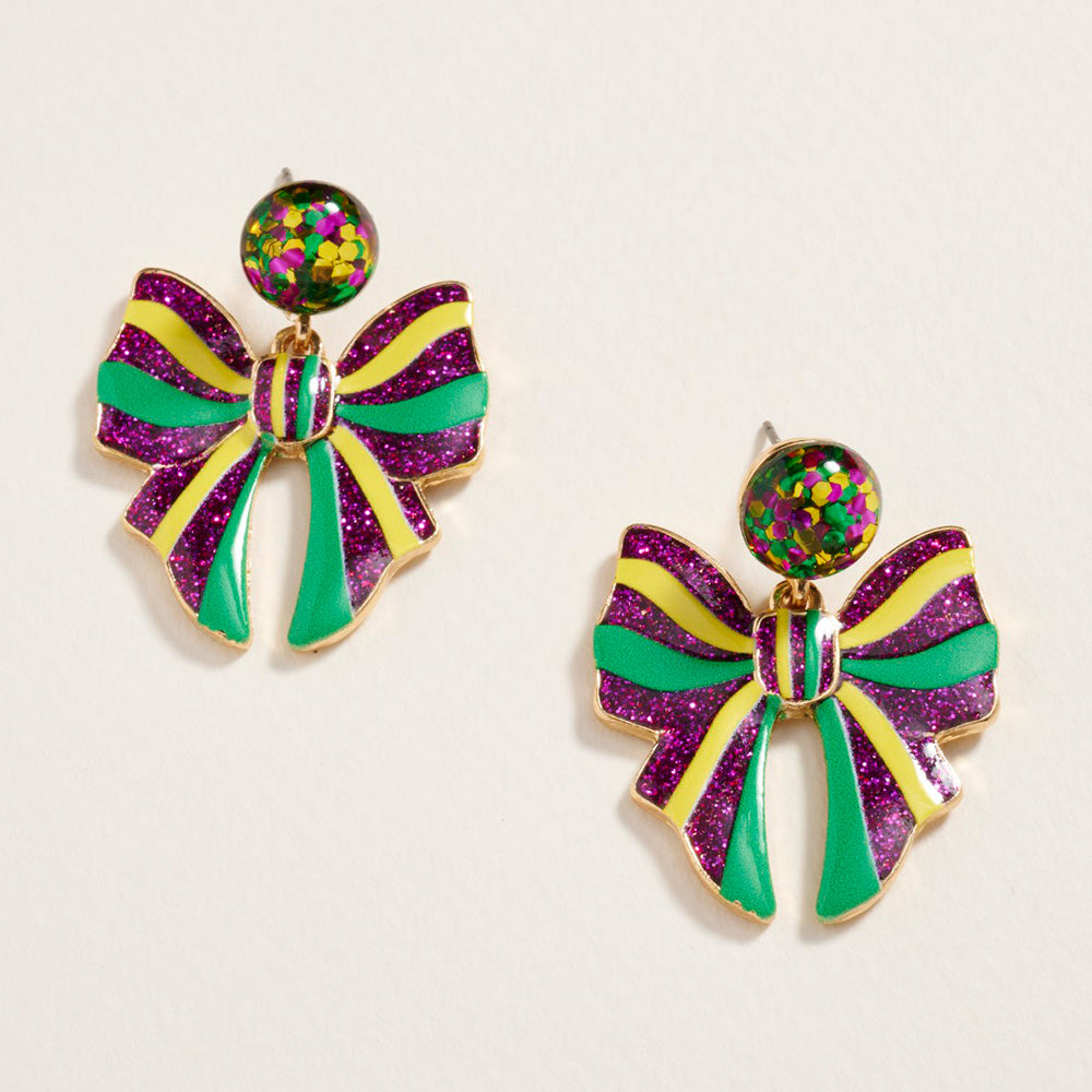 Multi Striped Glitter Mardi Gras Bow Dangle Earrings