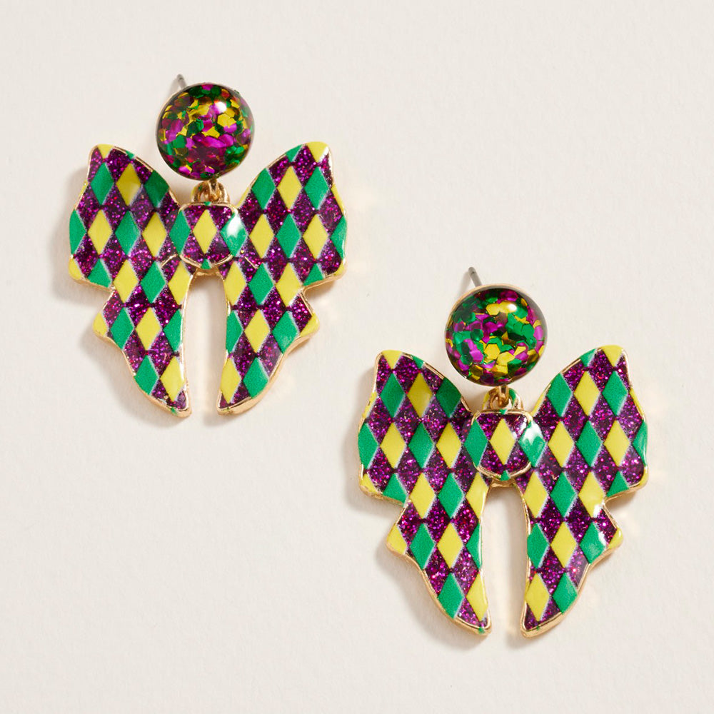 Multi Harlequin Glitter Mardi Gras Bow Dangle Earrings