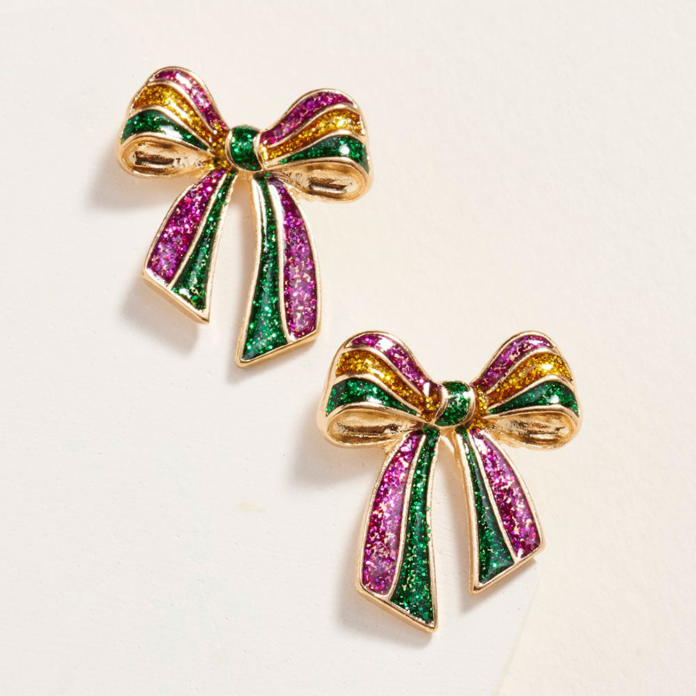 Multi Glitter Mardi Gras Bow Stud Earrings
