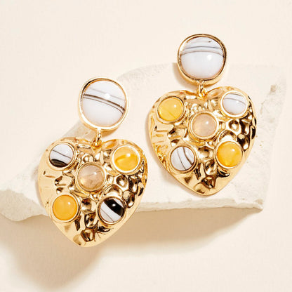 Madeline Love Howlite Round Stone Embellished Textured Metal Heart Dangle Earrings